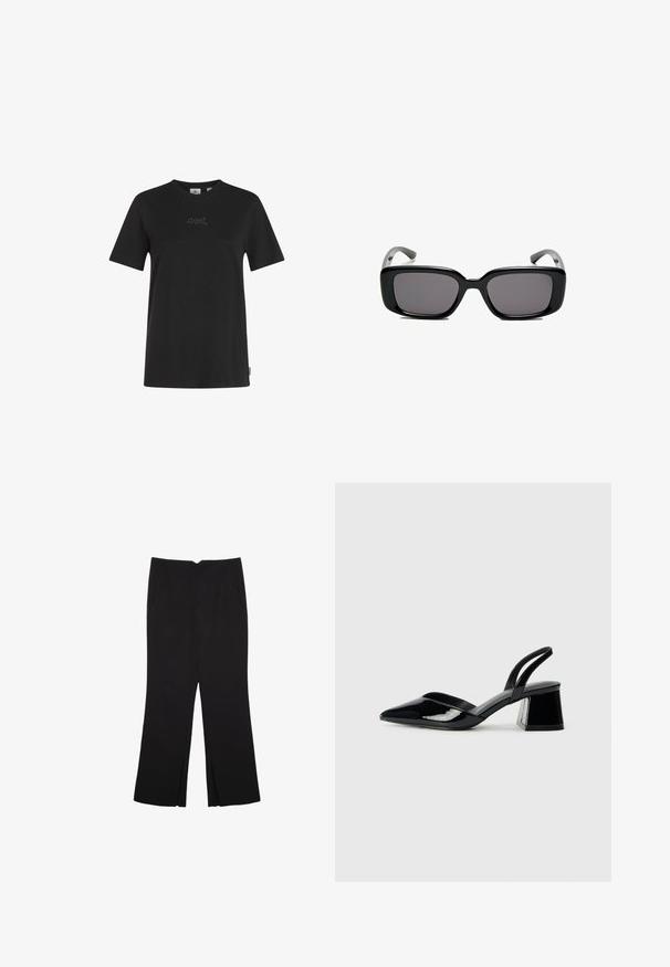 Črni bombažni T-shirt z okroglim izrezom, kratkimi rokavi in subtilnim vezenim poudarkom "O'Neill" na prsih. Gladka tekstura, klasičen kroj.; Črne hlače ravnega kroja z naglavnimi žepi in stranskimi razporki na robu. Narejene iz mehke, gladke tkanine. Primerne za različne priložnosti.; Črne lakirane slingback pete s koničastim nosom in geometrijsko blokasto peto. Imajo eleganten, minimalističen dizajn in gladko teksturo.; Črne pravokotne sončne očala z temnimi lečami, gladkim plastičnim okvirjem in ukrivljenimi nogicami. Oblika je robustna in minimalistična.