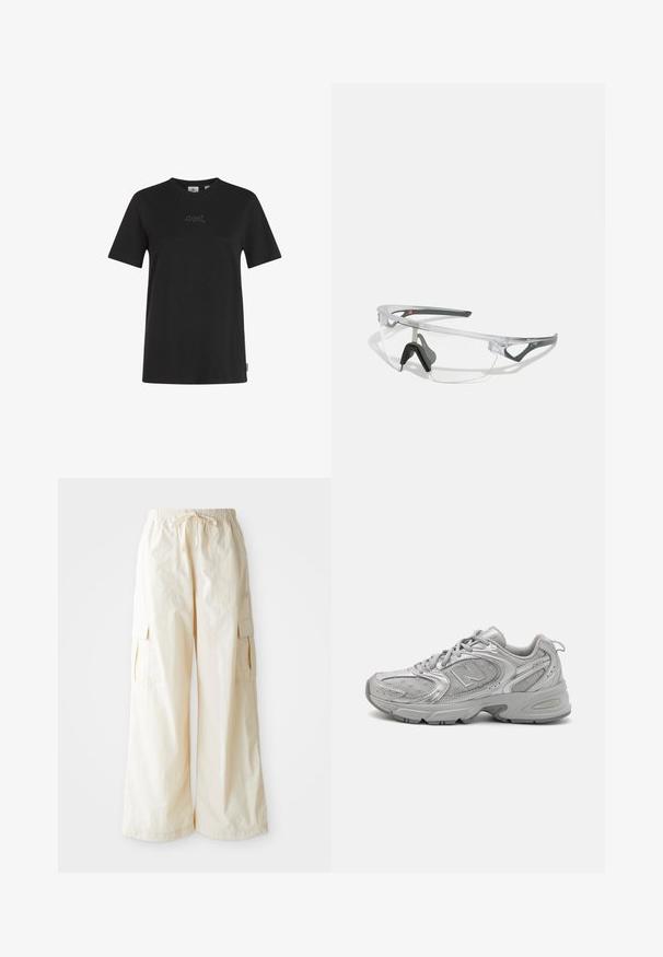 Zwarte katoenen T-shirt met een ronde hals, korte mouwen en subtiele geborduurde "O'Neill" detail op de borst. Soepele textuur, klassieke pasvorm.; Brede cargo-broek van lichtbeige stof met een elastische tailleband, trekkoordsluiting en zijzakken. Hete gladde textuur met minimale details.; Zilveren hardloopschoen met een slank design, gaaspanelen, een gevoerde tong, textuur van synthetisch bovenwerk en rubberen buitenzool voor grip.; Duidelijke veiligheidsbril met een lichtgewicht, transparant montuur en grijze accenten. Bevat een rond lopend ontwerp en een verstelbare neuspiece.