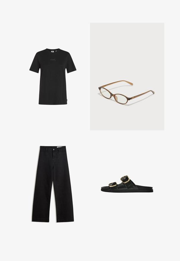 Schwarzes Baumwoll-T-Shirt mit Rundhalsausschnitt, kurzen Ärmeln und dezentem "O'Neill"-Stickdetail auf der Brust. Glatte Textur, klassischer Schnitt.; Schwarze weit geschnittene Jeans mit hoher Taille, ausgestattet mit Vorder- und Hintertaschen, gesteppten Nähten und einem Knopfverschluss. Glatte Textur.; Schwarze Riemensandale mit zwei goldenen Schnallendetails, glattem Material, flachem Sohlen und minimalistischer Gestaltung.; Braune Schildpatt-Brille mit ovalen Gläsern, dünnen Bügeln und transparenten Akzenten. Verfügt über ein dezentes Logo am Bügel. Elegantes, leichtes Design.