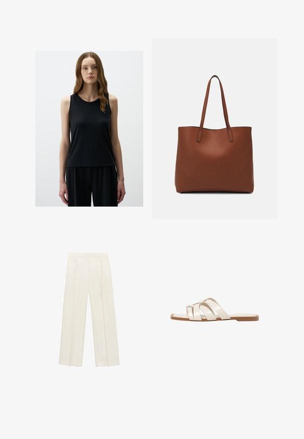 Zwart mouwloos topje van een soepele stof, met een ronde halslijn en een ontspannen pasvorm, gedragen met bijpassende zwarte broek.; Wijdgevallen broeken in een lichtcrème kleur. Gemaakt van een zachte stof met plooien aan de voorkant en zijzakken.; Vlakke sandalen met een tan rubberen zool, ontworpen met drie overlappende witte leren banden en een kleine strikdetail in het midden.; Bruine leren tote bag met een gladde textuur, een ontwerp met een open bovenkant en twee schouderbanden. Kenmerkt zich door minimale stiksels en geen zichtbare hardware.