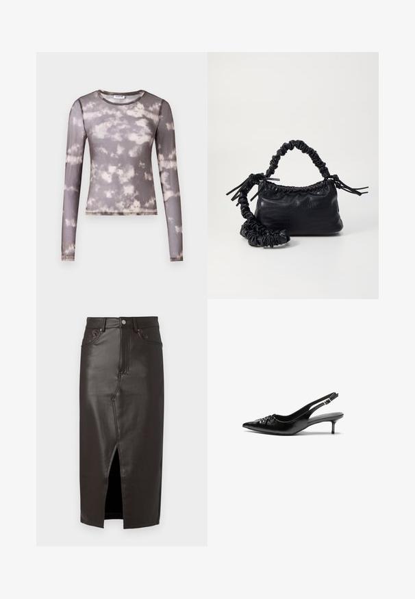 Ilgiem piedurkņu pieguļošs tops caurspīdīgā pelēkā audumā ar krēma un tumšāka pelēka toņu tīkla rakstu, ar apaļu kakla izgriezumu un smalkiem dūrieniem.; Brūna ādas midi svārki ar priekšējo slēdzeni, piecu kabatu dizains un metāla pogas aizdare. Gluda tekstūra un piegriezuma piemērotība.; Melni ādas sandales ar norādītu pirkstu, mazu kaķa papēdi un dekoratīvu mezglu detaļu priekšā. Gluda tekstūra visā virsmā.; Melnā mākslīgās ādas rokassoma ar krokodila rakstu, savilkta augšdaļa un saburzīta siksna. Izskatās mīksta un kompakta pēc dizaina.