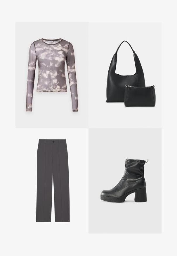 Camisola justa de mangas longas em tecido cinza transparente com um padrão tie-dye em creme e cinza mais escuro, com decote redondo e detalhes de costura subtis.; Calças cinzas com um design de perna reta, apresentando dois bolsos laterais e um fecho de botão. Tecido suave sem padrões ou detalhes visíveis.; Botas de tornozelo pretas feitas de couro liso, com fecho lateral, salto grosso texturizado e design de bico arredondado.; Even&Odd Mala de mão - black