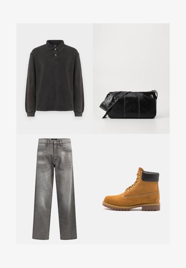 Koszulka polo z długim rękawem w ciemnoszarym kolorze, z klasycznym kołnierzykiem, trzyguzkowym zapięciem i ściągaczami na mankietach. Miękka struktura z minimalnym wzorem.; Szare dżinsy z szerokimi nogawkami, wykonane z denimu o wyblakłym wykończeniu, klasyczny krój z pięcioma kieszeniami oraz metalowym zapięciem na guzik. Tkanina o fakturze z delikatnymi efektami zużycia.; Beżowe zamszowe botki sięgające kostki z czarną wyściełaną krawędzią, złotymi oczkami, białymi detalami szycia oraz wytrzymałą gumową podeszwą z wyraźnym bieżnikiem.; Czarna skórzana torba na ramię z zamkiem błyskawicznym, charakteryzująca się teksturowanym korpusem, białymi przeszyciami oraz paskiem z srebrnymi osłonkami.