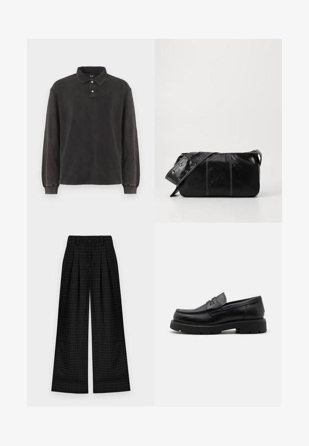 Langarm-Polohemd aus dunkelgrauem Stoff, mit klassischem Kragen, Drei-Knopf-Leiste und gerippten Bündchen. Weicher Stoff mit minimalistischem Design.; Schwarz karierte weite Hosen mit Falten, die eine glatte Textur und ein klassisches Design bieten. Leichter Stoff für Komfort.; Schwarze Lederloafers mit abgerundetem Zehenbereich, strukturierten Akzenten an der Vorderseite und einer stabilen Gummisohle mit Rillen für besseren Halt.; Schwarze Leder Schultertasche mit Reißverschluss, ausgestattet mit einer strukturierten Oberfläche, weißen Nähten und einem Tragegurt mit silbernen Ösen.