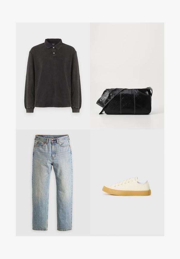 Dlhý rukáv polo tričko v tmavo sivej farbe, s klasickým golierom, trojbuttonovou léga a rebrovanými manžetami. Jemná textúra s minimálnym dizajnom.; Svetlomodré džínsy s vysokým pásom, predným gombíkom, zipsom a dizajnom s piatimi vreckami, rozložené na neutrálnom pozadí.; Plátne tenisky v off-white farbe s okrúhlym špičkou, s béžovými gumovými podrážkami a piatimi dierkami na šnúrky, textúrovaný povrch na hornej časti.; Čierna kožená kabelka cez plece so zipsovým uzáverom, so štruktúrovaným telom, bielym prešívaním a popruhom so striebornými očkami.