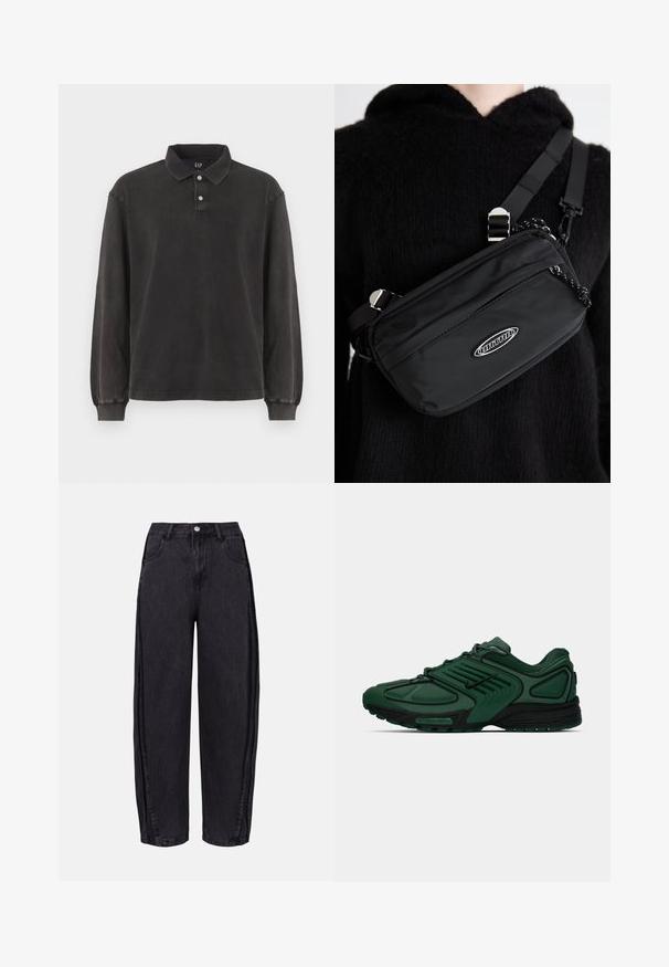 Dlhý rukáv polo tričko v tmavo sivej farbe, s klasickým golierom, trojbuttonovou léga a rebrovanými manžetami. Jemná textúra s minimálnym dizajnom.; Čierne široké džínsy vyrobené z denimu s hladkou textúrou. Majú vysoký pás, predné vrecká a zapínanie na gombík v oblasti pása.; Tmavozelená bežecká obuv Nike s čiernymi akcentmi, sieťovinovým zvrškom, šnúrkami a celoplošnou podrážkou Nike Air na bielom pozadí.; Čierna nylonová crossbody taška s nastaviteľným popruhom, s hladkou textúrou, predným zipsovým vreckom a akcentom loga.