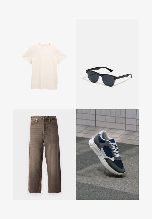Krém színű pamut póló rövid ujjakkal, kerek nyakkivágással és enyhén textúrált anyaggal. Nincsenek látható minták vagy grafikák.; Barna, széles lábú farmernadrág, denim anyagból készült. Cipzáras záródás, övbújtatók és öt zseb található rajta. Az anyag megjelenése halvány pattanásos hatású.; Cipő, amelynek sötétkék hálós felsőrésze, szürke velúr díszítései, fehér gumitalpa és lapos fehér fűzője van, a kényelem és a légáteresztő képesség érdekében tervezve.; Fekete napszemüveg, téglalap alakú, sötét lencsékkel, ezüst részletekkel a szárakon, és matt felülettel a kereten.