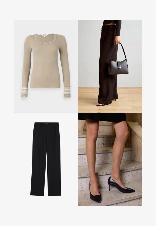 Beež ribadeta pikkade varrukatega topp, millel on laineline kaelus ja pitsaktsentidega varrukad. Kangas on pehme tekstuuriga ja selgelt vormitud.; Mustad püksid sirgjoonelise disainiga, millel on kaks esist taskut ja muudatus. Valmistatud siledast, kergekaalulisest kangast.; Tumedate kõrged kontsad terava südamega, millel on sile ja tekstureeritud viimistlus, mis meenutab krokodilli nahka.; Must musta kott, millel on struktureeritud kuju, sile tekstuur ja metallist klamber. Kombineeritud laiate mustade pükstega ja avatud varvaste sandaalidega puidust põrandal.