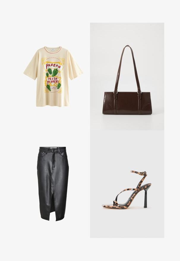 Next FUN GRAPHIC OVERSIZED SHORT SLEEVE CREW NECK - T-Shirt print - ecru stone padron peppers; Schwarze Button-Down-Bluse mit einem glatten oberen Teil und einem Spitzenabschluss mit floralen Mustern. Der Kragen ist strukturiert und hat perlenartige Knöpfe auf der Vorderseite.; Schwarzer Lederrock mit mittellangem Design, ausgestattet mit einem Schlitz vorne, klassischen Gürtelschlaufen und genähten Details entlang der Nähte.; Riemchen-Pumps mit quadratischer Zehenform, die ein Leopardenmuster in Brauntönen und Schwarz auf einer glänzenden Oberfläche zeigen.; Braune Lackleder-Handtasche in rechteckiger Form, mit zwei langen Griffen und subtilen, geschwungenen Akzenten auf der Vorderseite.
