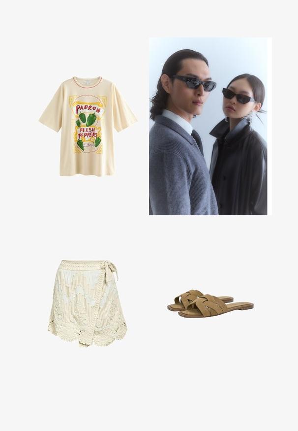 Next FUN GRAPHIC OVERSIZED SHORT SLEEVE CREW NECK - T-shirts print - ecru stone padron peppers; Cremefarvet omslagskirt med tekstureret broderi, der har en bølget kant og bindebånd i taljen. Lavet af letvægtsstof med detaljerede mønstre.; Brune ruskind slide-sandaler med krydset remdesign og en flad sål. Blød tekstur og minimalistisk form. Velegnet til afslappet brug.; Solbriller med angulære sorte stel på en model iført en grå sweater, der viser struktureret strik og en sort læderjakke båret af en anden model.