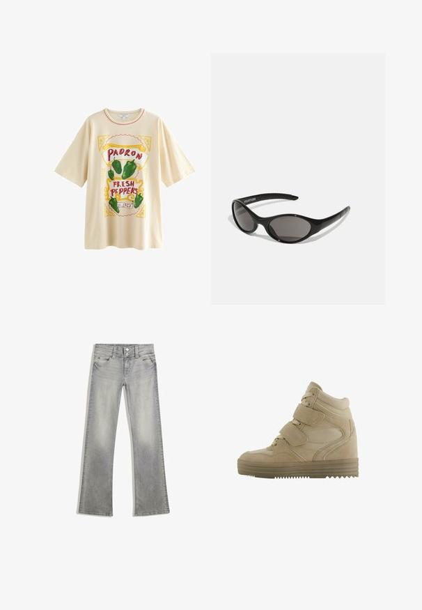 Next FUN GRAPHIC OVERSIZED SHORT SLEEVE CREW NECK - Tričko s potlačou - ecru stone padron peppers; Sivé denimové vypasované džínsy s vyblednutým vzhľadom, so zapínaním na gombík, piatimi vreckami a šitými detailami pozdĺž pásu a lemu.; Béžové vysoké tenisky s designom z semišu a sieťoviny, nastaviteľné suché zipsy a hrubá gumová podrážka s cik-cak vzorom.; Čierne slnečné okuliare s oválnym tvarom a tmavými šošovkami. Elegantný plastový rám s textúrovanými akcentmi na ramenách. Značka na boku.; Čierna kožená kabelka s pletenými uchami, textúrovaným povrchom, zipsovým predným vreckom a dekoratívnymi strapcami. Kompaktne tvarovaná a štruktúrovaná.