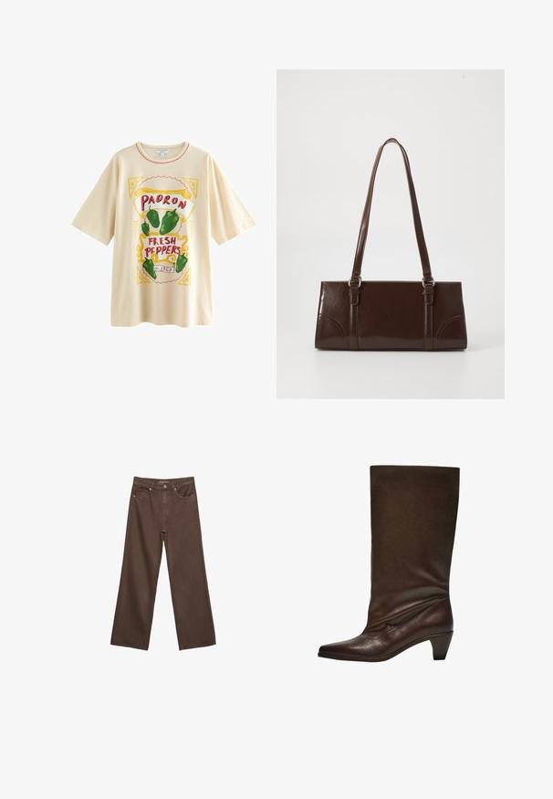 Next - T-shirt z nadrukiem; Szerokie brązowe dżinsy wykonane z denimu, z wysokim stanem, przednimi kieszeniami i klasycznym zapięciem na guzik. Gładka faktura z subtelnym przeszyciem.; Ciemnobrązowy skórzany botek sięgający do połowy łydki z niskim, zwartego obcasem, spiczastym noskiem i lekko opadającą cholewką na białym tle.; Brązowa torebka z lakierowanej skóry o prostokątnym kształcie, z dwiema długimi rączkami i subtelnymi zaokrągleniami z przodu.