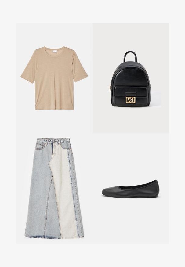 Filippa K ELENA TEE - Nyomott mintás póló - sandstone; Farmernadrág szoknya foltos mintázattal, világos és közép kék színű részekkel, rojtos szegéllyel és magas derékkal. Klasszikus öt zsebes stílus.; Fekete bőr balettcipő lekerekített orral, sima tekstúrával, minimális varrással és rugalmas talp kialakítással.; Fekete bőrből készült mini hátizsák, elülső cipzáras zsebbel és arany színű Love Moschino logóval fehér háttér előtt.