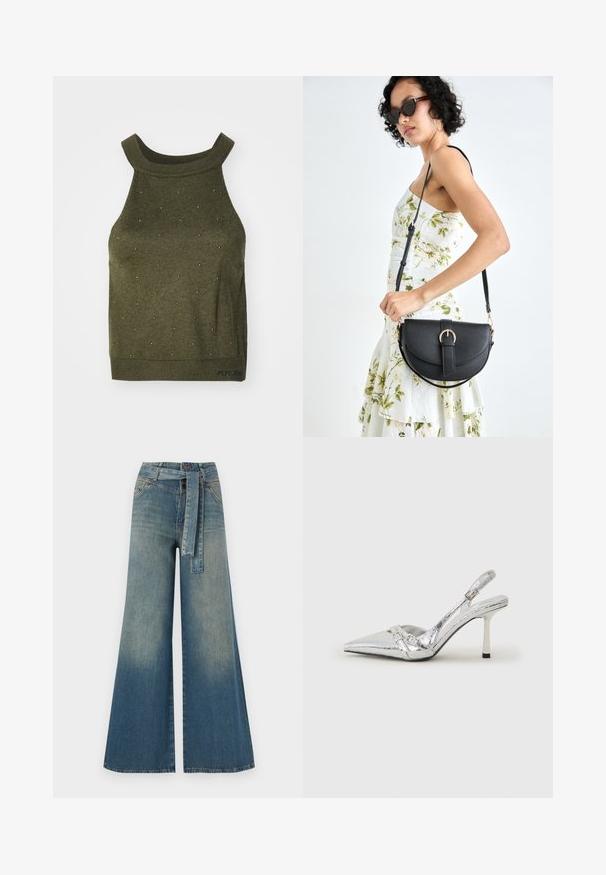 Olivenfarget strikket tanktop med høy hals, prydet med små, metalliske nagler i et prikkemønster og merke detaljer i nederkant.; Bredde ben jeans med en lyseblå til mørkeblå gradient, høyt liv, beltehemper og et matchende belte i samme stoff. Teksturert denimoverflate.; Sølv slingback høyhelte sko med spiss tå, metallisk finish, to dekorative stropper, og en slank hæl med svart tupp.; Svart lærveske med en buet form, avtagbar stropp og gullbeslag. Vesken har et klaff med spenne-detall.