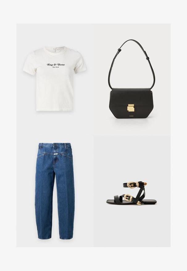 White cotton t-shirt with short sleeves and a round neck, featuring black text "Rag & Bone New York" printed on the front.; Denim jeans in dark blue, featuring a relaxed fit, five-pocket design, stitched seams, and a button closure at the waistband.; Black leather sandals with gold buckle accents, featuring multiple straps and a flat sole design for open-toe wear.; CLOSED CLOSED ONE - Cross body bag - black