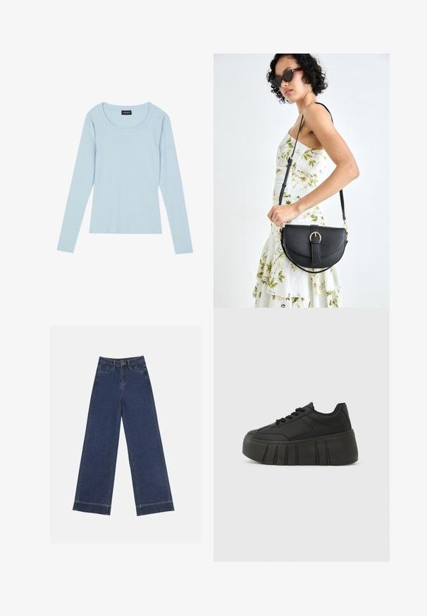 Šviesiai mėlynas ilgos rankovės įvorės viršus su apvaliu iškirpimu ir prigludusia forma. Minkštas audinys su subtiliu vertikaliu raštu.; Plati džinsai tamsiai mėlynos denimo. Yra penki kišenės, diržo kilpos ir apatinė briauna su matomais siuvimo detalėmis.; Juodi platformos sportbačiai su lygiu sintetiniu viršumi, apvaliu noseliu, raištelių užsegimu ir storu, briaunuotu padu, suteikiančiu papildomą aukštį.; Juodas odinis krepšys su išlenkta forma, nuimamu dirželiu ir auksiniais detalėmis. Krepšys turi kilpą su sagtimi.