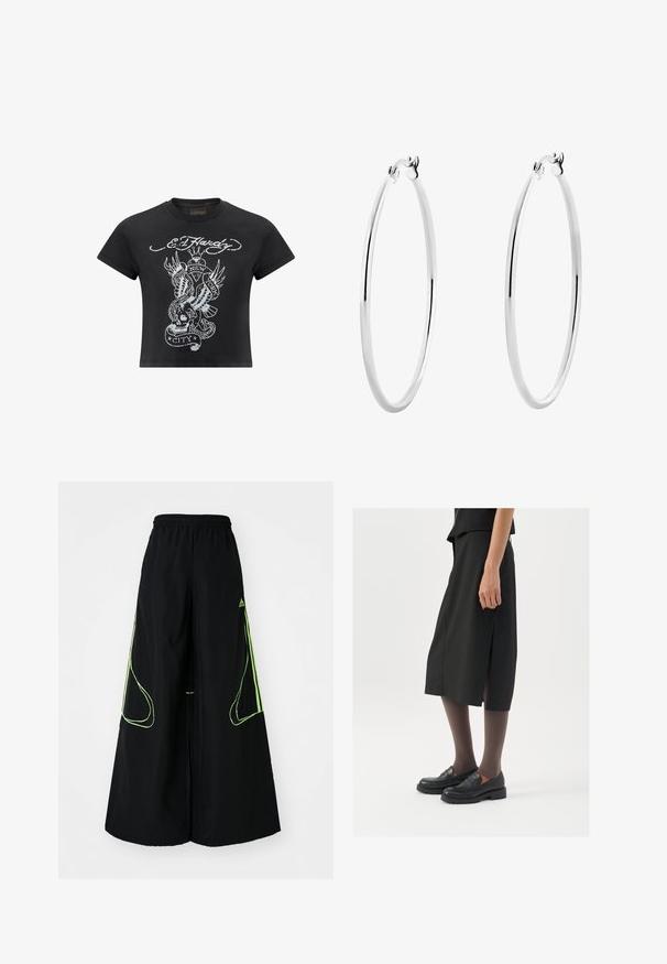 Musta lyhythihainen t-paita, joka on valmistettu puuvillasta. Paidassa on harmaa graafinen suunnittelu, jossa on pääkallo, käärme ja siivet, ja joka on varustettu tekstillä "New York City."; adidas Originals TEAMGEIST - Verryttelyhousut - black/signal green; Mustat polvenpituinen hame, jossa on sivuaukko, yhdistettynä mustiin loafer-kengiin ja ohuisiin ruskeisiin sukkahousuihin. Hameessa on sileä kangas ja yksinkertainen muotoilu.; Hopehope hopehope hopehope hopehope hopehope, joka on sileä ja kiillotettu pinta ja ohut, pyöreä muoto. Muotoilu sisältää turvallisen lukituksen.