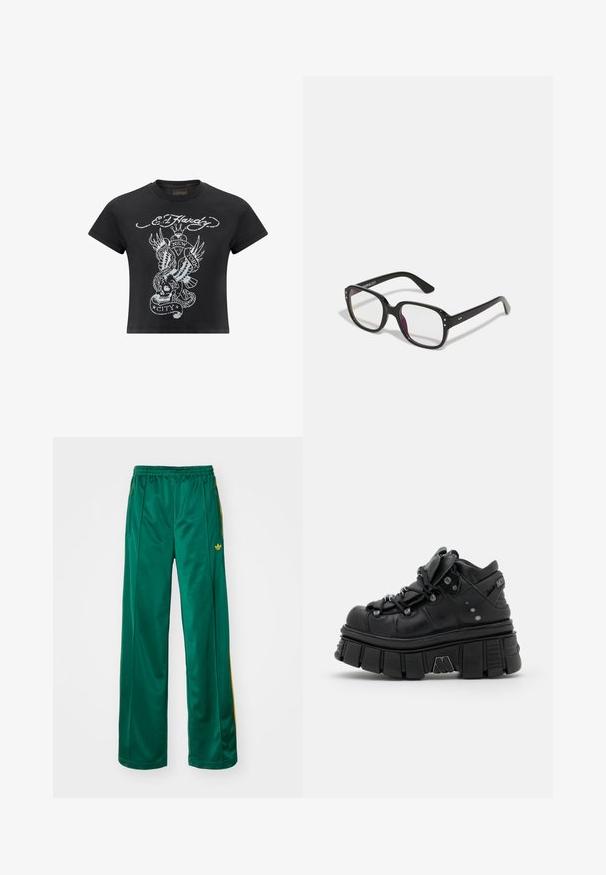 Zwart cropped t-shirt van katoen, met een grijze grafische print van een schedel, slang en vleugels, met het label "New York City."; Groene satijnen sportbroek met een relaxte pasvorm, voorzien van gele streepaccenten en een geborduurd logo aan de linkerzijde. Elastische tailleband.; Zwarte chunky platform sneakers met een ronde neus, textieleer bovenwerk, gevoerde tong en metallic accenten; dikke, geribbelde zoolontwerp.; Zwarte rechthoekige bril met heldere lenzen, voorzien van afgeronde randen en zijaccenten, met een glanzende afwerking van het montuur en de pootjes.