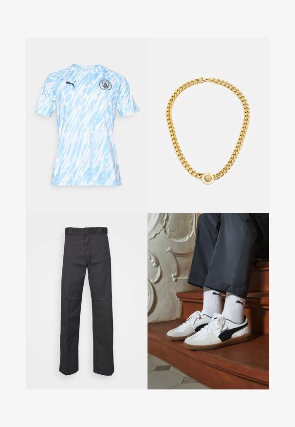 Camisa de futebol de manga curta, azul claro, com padrão diagonal, logotipo preto da Puma e brasão do Manchester City no peito. Tecido que afasta a humidade.; Calças pretas feitas de um tecido resistente, com um design de perna reta, uma cintura com passantes para cinto e costuras para adicionar textura.; Ténis Puma em camurça branca e preta, com uma sola de borracha castanha. Combinados com meias brancas exibindo um logótipo preto, usados com calças escuras.; Colar de corrente de ouro com grandes elos interligados, apresentando um detalhe em forma de pêndulo circular no centro com um emblema saliente.