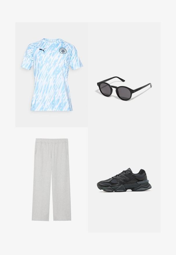 Kortærmet, lyseblå fodboldtrøje med diagonalt mønster, sort Puma-logo og Manchester City-logo på brystet. Fugtafledende stof.; Lys grå, løstsiddende sweatpants lavet af blødt stof. Har en elastisk talje og sidelommer. Glat tekstur med et enkelt design.; Sorte løbesko med en blanding af mesh og syntetiske materialer, kraftig sål, buet design og fremtrædende branding på siden.; Sorte solbriller med en rund, let bølget stel, mørke linser og lige sorte arme. Glat, glansfuld overflade uden synlige mønstre.