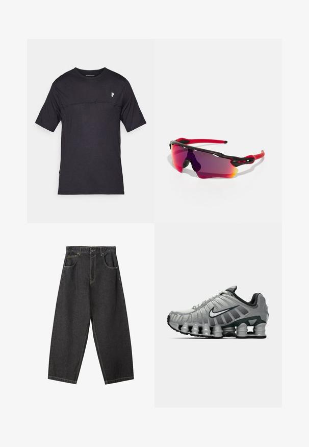 Peak Performance TRAIL - T-Shirt print - black; Schwarze Denim-Hosen im Weitbein-Design mit gelben Nähten, fünf Taschen und einem mittelhohen Bund. Texturiertes Material mit glatter Oberfläche.; Grauer und schwarzer Nike-Laufschuh mit sichtbarer federähnlicher Dämpfung unter der Sohle und einem weißen Swoosh-Logo an der Seite.; Oakley RADAR PATH UNISEX - Sonnenbrille - 100t matte black