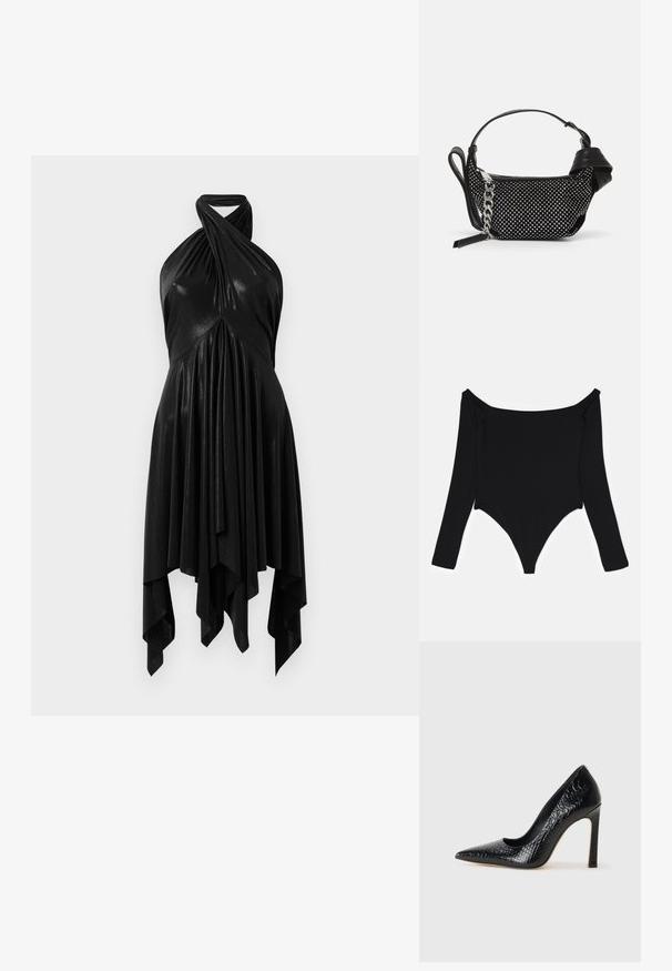 Črn bodi z dolgimi rokavi z off-the-shoulder izrezom, gladko teksturo in visokim izrezom na nogah ter stranskimi gubami.; Črna halter obleka z drapirano zasnovo. Narejena iz sijoče tkanine, z zasukanim dekoltejem in asimetričnim robom. Gladka tekstura.; Črne čevlje z visoko peto in konico v obliki puščice, z teksturo krokodilje kože, ki se ponašajo s sleek oblikovanjem, visokim stiletto peto in gladkim črnim notranjostjo.; Črna torbica z okrasnimi žebljički, verižnim trakom in gladkim usnjenim ročajem, zaokrožene oblike z zaklepanjem na zadrgo.