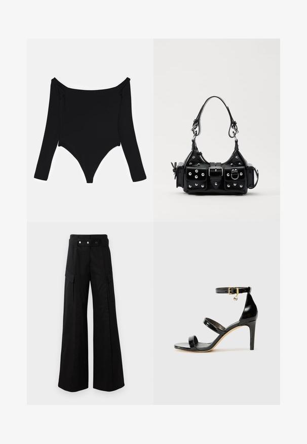 Zwarte langermige bodysuit met een off-the-shoulder halslijn, een soepele textuur en een hoog uitgesneden beenontwerp met zijruche-details.; Zwarte wijde broek met hoge tailleband, voorzien van grote zijzakken, twee knopen aan de voorkant en een lusdetail. Gemaakt van stevige stof.; Zwarte gepatineerde leren sandaal met drie banden, enkelgesp en 10 cm hoge stiletto hak. Bevat gouden hardwaredetails en een logo charm.; Zwarte lederen handtas met een gebogen ontwerp, voorzien van zilveren studs, een gesp en twee zijvakken. Verstelbare schouderband voor verschillende draagmogelijkheden.