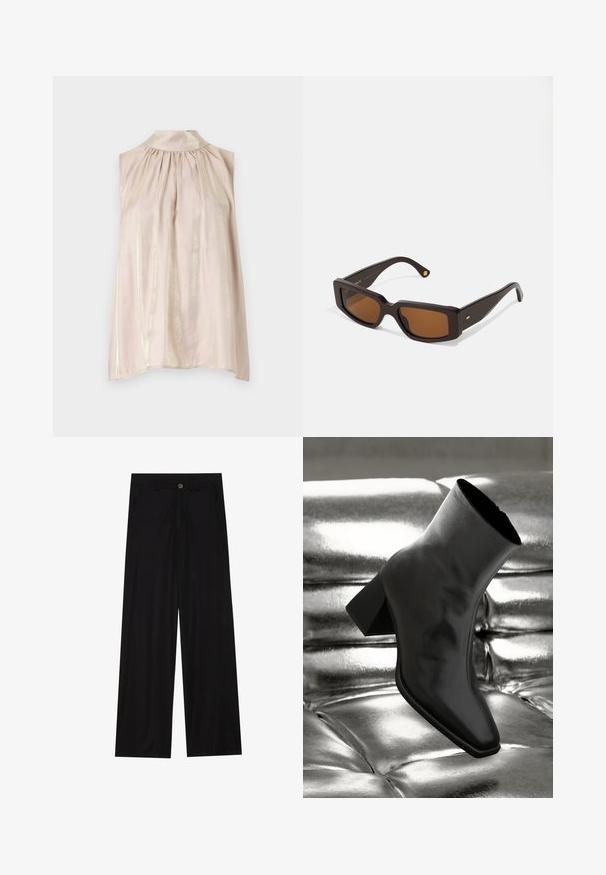 Bez piedurknēm, rozā blūze no mīksta auduma ar smalku spīdumu, ar augstu apkakli un savilkuma detaļām ap kaklu, lai radītu plūstošu siluetu.; Dzeltena īsā blūze ar pūkainām īsām piedurknēm, apaļu kakla izgriezumu un priekšējo aizdari. Gluda tekstūra un minimālistisks dizains.; Platas kājas melnas bikses, izgatavotas no gludas auduma, ar priekšējām kabatām un pogas aizdari jostasvietā. Minimālisma dizains, bez rakstiem.; Melnas potītes kurpes, izgatavotas no spīdīga materiāla, ar kvadrātveida purngalu un konusveida papēdi, novietotas uz spīdīga sudraba izšūta fona.; Taisnstūra formas brūni saulesbrilles ar tumši brūnu plastic vieglus rāmī. Iespējas brūnās tonētas lēcas un zelta akcenti uz tempļa.