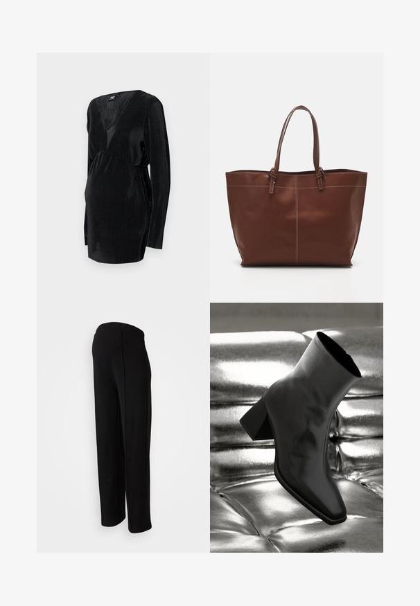 Black, long-sleeve maternity top in a ribbed texture, featuring a deep V-neckline and a gathered waist design for a comfortable fit.; Black, high-waisted pants with a straight fit, featuring a smooth texture and no visible fastenings, highlighted by side seam detailing.; Black ankle boot made of glossy material with a square toe and tapered heel, set against a shiny silver tufted background.; Brown leather tote bag with double handles, features contrast stitching and a spacious design, suitable for everyday use.