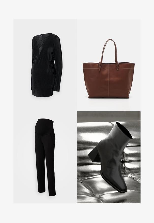 Juoda, ilgarankovė nėštumo palaidinė su tekstūruotu raštu, turinti gilią V formos iškirptę ir susiraukšlėjimo juostą, užtikrinančią patogų prigludimą.; Juosmens kelnės nėščioms moterims juodos spalvos, su tampriomis juosmens juostomis patogumui, šoninėmis kišenėmis, tiesių kojų dizainu ir švelnaus audinio tekstūra.; Juodos kulkšnies botai, pagaminti iš blizgaus medžiagos, su kvadratine padu ir siauru kulnu, prieš blizgiai sidabrinį pūsto audinio foną.; Ruda odinės rankinės su dviem rankenomis, pasižymi kontrastingomis siūlėmis ir erdviu dizainu, tinkama kasdieniam naudojimui.