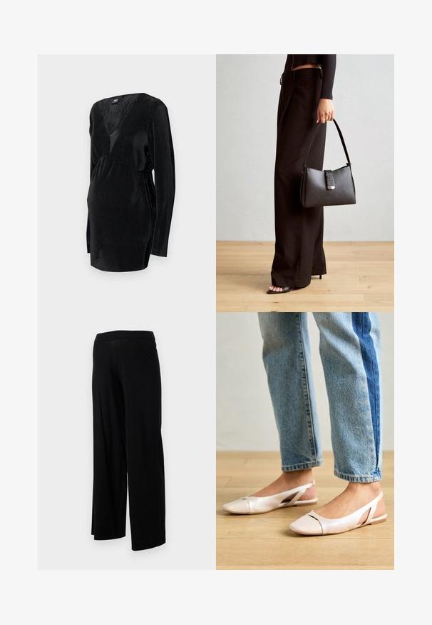 Crni, dugih rukava, trudnički top s rebrastom teksturom, s dubokim V-izrezom i gumbima na struku za udoban fit.; Crne hlače širokih nogavica s elastičnim pojasom i glatkom, rastezljivom teksturom. Imaju jednostavan dizajn, bez uzoraka ili ukrasa.; Svijetlo ružičaste slingback balerinke s šiljastim vrhom, izrađene od glatkog materijala nalik koži. Sadrže izrezane detalje sa strane i ravnu petu.; Crna torba s oblikom koji sadrži strukturu, glađu teksturu i metalnu kopču. Uparena s širokim crnim hlačama i sandalama na otvorenom s drvenog poda.