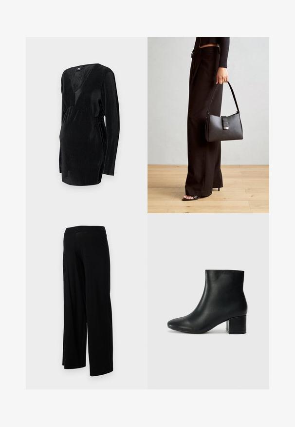 Musthave, mustaega rihmedega must top, mis on pikkade varrukatega, sügava V-kujulise kaelusega ja kogutud vöökoht, tagades mugava istuvuse.; Mustad laiad püksid elastse vöökohtaga ja sujuva, veniva tekstuuriga. Omab lihtsat disaini, ilma mustrite ja kaunistusteta.; Mustad nahast pahkluu saapad terava varbaga ja jämeda kandaga. Sile tekstuur minimaalse aktsentidega ja stiilne, lihvitud disain.; Must musta kott, millel on struktureeritud kuju, sile tekstuur ja metallist klamber. Kombineeritud laiate mustade pükstega ja avatud varvaste sandaalidega puidust põrandal.