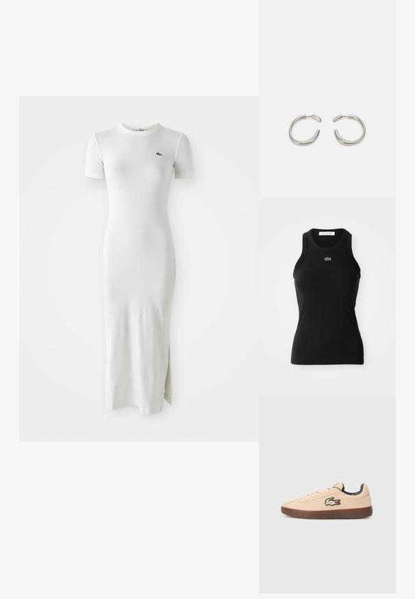 Black sleeveless ribbed tank top with a crew neck and small green Lacoste crocodile logo centered below the neckline.; White ribbed midi dress with short sleeves, crew neck, and side slit. Features a small green logo on the chest. Smooth, fitted texture.; Lacoste BASESHOT - Trainers - beige; Silver hoop earrings with a smooth, rounded design and a sleek, polished finish. Features a minimalistic shape with a slight opening.