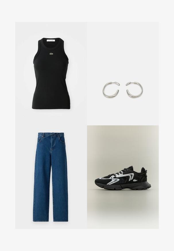 Top fără mâneci, de culoare neagră, cu model ondulat, cu decolteu rotund și un mic logo verde cu crocodil Lacoste centrat sub decolteu.; Jeansi din denim cu picioare largi, de culoare albastru închis. Design cu talie înaltă, prevăzut cu bucle pentru curea și buzunare frontale. Textură netedă și stil clasic cu cinci buzunare.; Pantofi sport negri cu panouri din plasă, accente argintii și suprapuneri texturate negre. Prezintă șireturi și o talpă curbată, robustă.; Cercei din argint în formă de cerc, cu un design neted și rotunjit, având un finisaj lucios. Prezintă o formă minimalistică cu o ușoară deschidere.