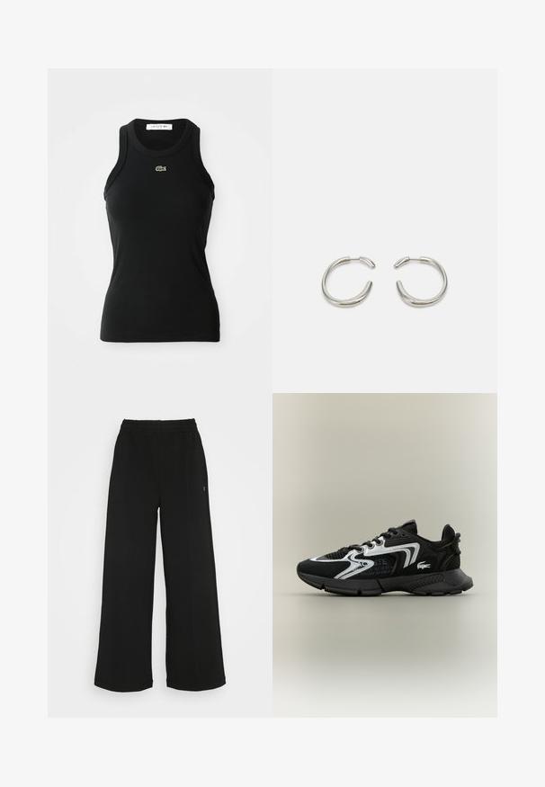Zwart mouwloos geribbeld tanktop met een ronde hals en een klein groen Lacoste krokodillenlogo gecentreerd onder de halslijn.; Zwarte wijde broek met een elastische tailleband. Gemaakt van een zachte, lichte stof. Heeft verticale naden aan de voorkant.; Zwarte sportschoenen met gaaspanelen, zilveren accenten en gestructureerde zwarte overlays. Voorzien van veters en een gebogen, stevige buitenzool.; Zilveren hoepeloorbellen met een glad, rond ontwerp en een strakke, gepolijste afwerking. Heeft een minimalistische vorm met een lichte opening.