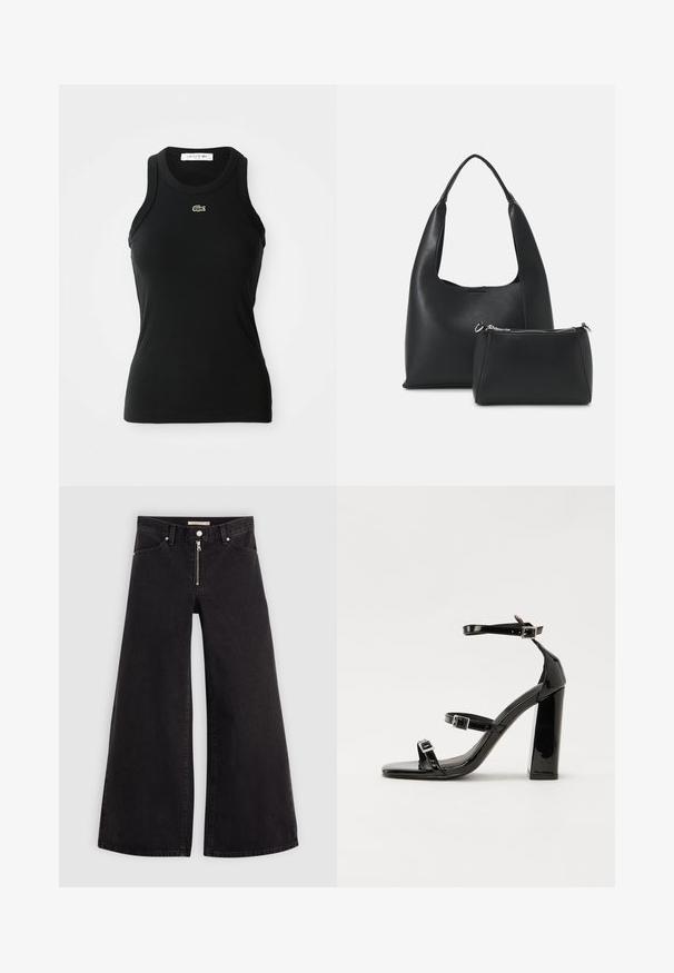 Camisola de alças preta, com nervuras, com decote redondo e pequeno logótipo do crocodilo verde da Lacoste centrado abaixo do decote.; Calças de ganga de perna larga em denim preto com fecho éclair à frente, design de cinco bolsos e detalhes de costura subtil. Textura suave e estilo casual.; Sandálias de tacão preto laqueadas com bico quadrado, tiras para o tornozelo e fivelas prateadas. Apresentam um salto bloco chunky para estabilidade.; Even&Odd Mala de mão - black