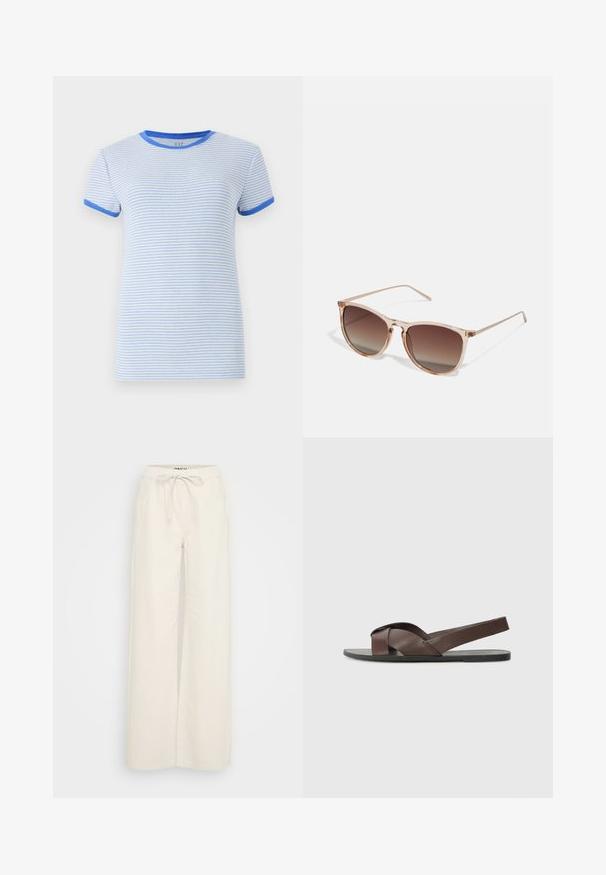 Pruhované tričko s krátkým rukávem v světle modré a bílé barvě. Má modrý lem na výstřihu a rukávech, měkkou pletenou texturu. Klasický střih.; Kalhoty s volným střihem z off-white bavlněné tkaniny, se elastickým pasem s šňůrkou a bočními kapsami. Hladká textura, minimalistický design.; Hnědé kožené sandály s křížovým páskovým designem, plochou černou podrážkou a nastavitelným zadním páskem. Hladký povrch a minimální detaily hardwaru.; Hnědé sluneční brýle s gradientem, s průhledným růžovým rámem, čtvercovým tvarem a tenkými kovovými nohami. Charakterizovány zaoblenými hranami a minimálním zdobením.