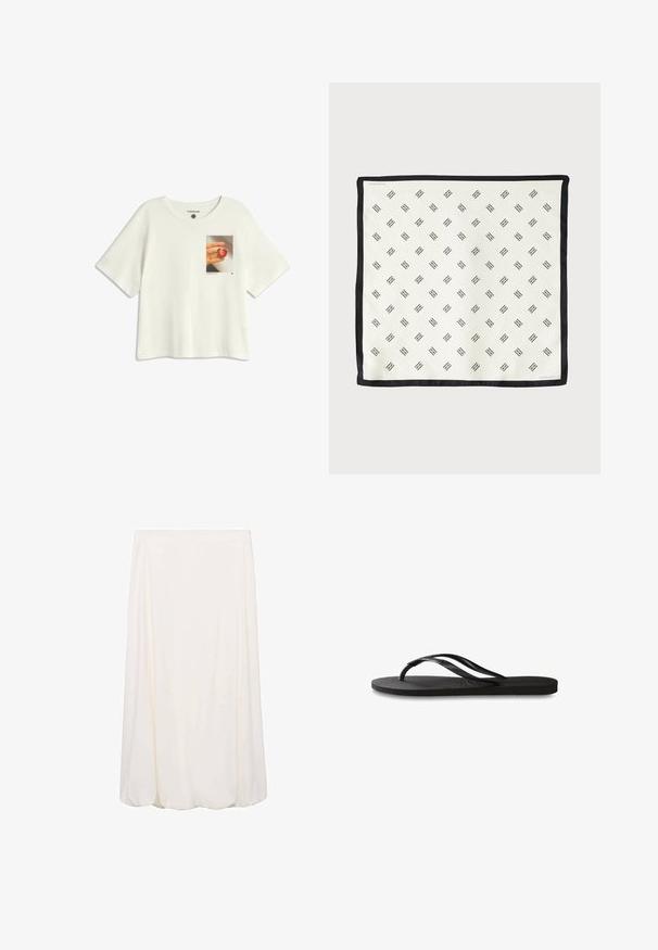 T-shirt bianca a maniche corte realizzata in cotone, con una stampa sul petto di una mano che tiene un frutto a forma di cuore su uno sfondo chiaro.; Gonna bianca alla lunghezza del ginocchio con un design morbido e fluido. Stile semplice senza motivi visibili o dettagli hardware.; Infradito neri con suola in gomma testurizzata, due cinghie sottili e un sottile dettaglio del logo impresso sulla cinghia.; Foulard bianco in seta con un motivo geometrico nero ripetuto, bordato con un bordo nero solido. Leggero e con una texture liscia.