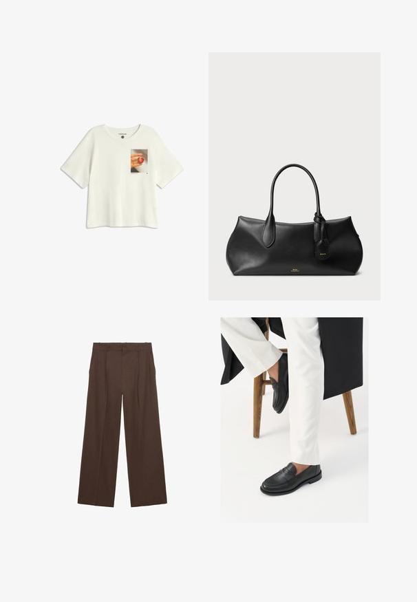 Vit kortärmad t-shirt i bomull med ett brösttryck av en hand som håller en hjärtformad frukt mot en ljus bakgrund.; Bruna vida byxor tillverkade av ett mjukt tyg, med hög midja, framtida veck och två sidofickor.; Svarta läderloafers med en slät yta och en bred remdetail, som bärs med vita skräddarsydda byxor. Klacken har en platt design.; Svart läderhandväska med slät textur, rundad form, två handtag och en liten tagg fäst. Diskret varumärkeslogo i guld på framsidan.