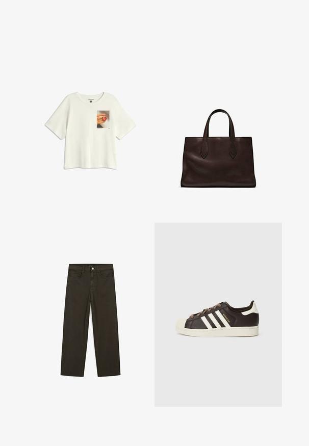 Weißes T-Shirt mit kurzen Ärmeln aus Baumwolle, mit einem Brustdruck einer Hand, die eine herzförmige Frucht vor einem hellen Hintergrund hält.; Dunkelgrüne Jeans im weit geschnittenen Style, hergestellt aus einem Baumwollgemisch. Sie verfügen über einen Frontknopfverschluss, fünf Taschen und klassische Denim-Nähte.; Low-Top Adidas Superstar Sneaker aus dunkelbraunem Leder mit cremefarbener Schale an der Spitze, weißen Streifen und dem Schriftzug "Superstar" an der Seite.; Braune Ledertasche mit zwei langen Griffen, strukturierte rechteckige Form, glatte Textur und dezente Nähdetails.