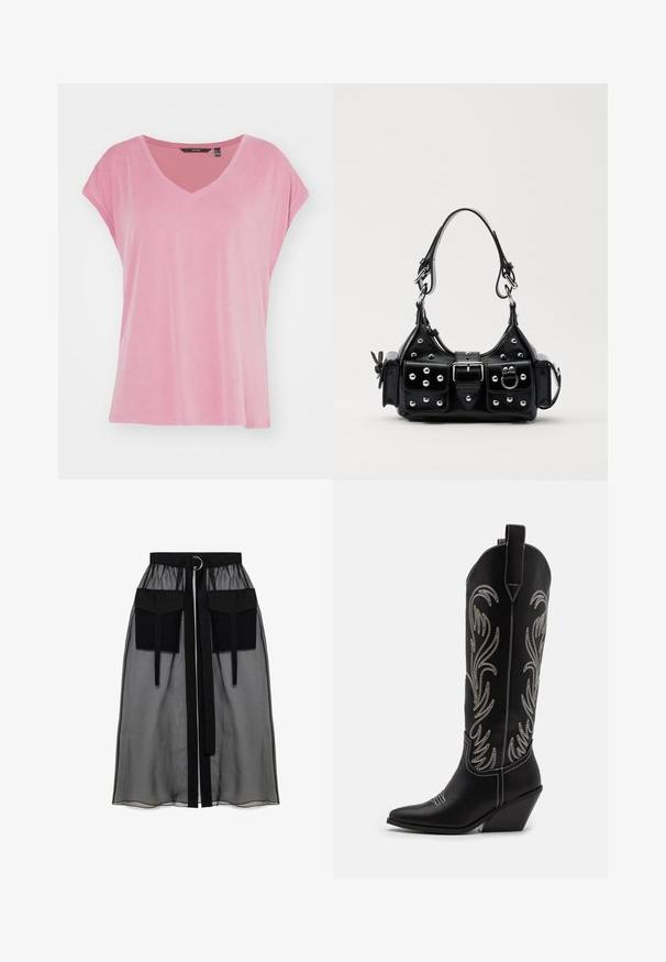Vero Moda VMFILLI - Basic póló - mesa rose; Fekete áttetsző szoknya ráncolt derékrésszel, két nagy elülső zsebbel, derékpánttal és kör alakú fém díszítéssel.; Fekete bőr cowboy csizmák hegyes orral, wedge sarkakkal és ezüst hímzett virágmintákkal a szár mentén. Kontraszt varrás az egész csizmán.; Fekete bőr kézitáska ívelt designnal, ezüst szegecsekkel, csattal és két oldalsó zsebbel. Állítható vállpánt a hordozási lehetőségekhez.