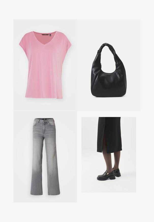 Vero Moda VMFILLI - Tricou basic - mesa rose; Jeans din denim gri, cu talie înaltă și croială dreaptă, cu fermoar și nasture frontal, buzunare frontale și spate, și nuanțe estompate pe coapse și gambe.; Pantofi din piele neagră cu vârful rotund, toc bloc gros și accente elastice pe lateral, asortați cu colanți închiși la culoare și o fustă neagră cu o fanta.; Geantă hobou neagră, fabricată dintr-un material asemănător cu pielea, cu un mâner răsucit, având o formă moale și rotunjită și o închidere cu fermoar deasupra.