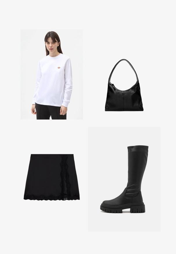 Valkoinen pitkähihaine t-paita, joka on valmistettu puuvillasta. Siinä on pieni värikäs logo rinnassa, pyöreä pääntie ja rento istuvuus.; Even&Odd Minihame - black; Even&Odd Platform-saappaat - black; Musta nahkainen olkalaukku, jossa on sileä pinta, kaareva yläosa ja yksi olkahihna. Varustettu vetoketjukiinnityksellä ja minimalistisella muotoilulla.