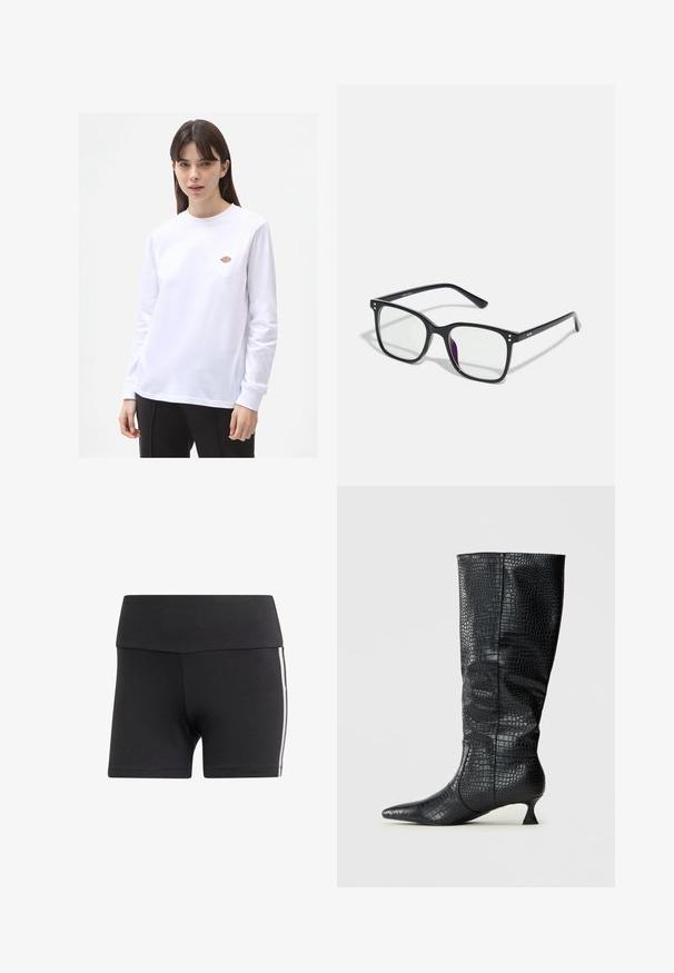 Hvid langærmet t-shirt lavet af bomuld. Har et lille farverigt logo på brystet, rund halsudskæring og en afslappet pasform.; Sorte atletiske shorts med en bred talje, lavet af strækbart materiale. Har hvide sidestriber og en tætsiddende pasform.; Knæhøje sorte støvler i kunstlæder med en glat krokodilleskinde-tekstur, spids tå og en slank, vinkelret hæl. Klassisk design og strømlinet silhuet.; Sorte rektangulære briller med klare linser, der har gyldne detaljer på stellet og en let lilla nuance på den ene linse.; Sort læder skuldertaske med en glat overflade, en buet top og en enkelt rem. Har lynlåslukning og minimalistisk design.