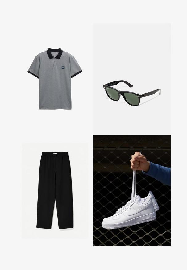 Grijze polo-shirt met een zwarte kraag en accenten op de mouwen. Beschikt over een sluiting met drie knopen en een klein logopatch op de borst. Van een katoenmix.; Zwarte, wijde broek van een lichtgewicht stof. Voorzien van een elastische tailleband en een soepele textuur. Geen zichtbare patronen of hardware.; Witte leren sneakers met perforaties, ronde neus, vlakke zool en dikke veters, met een zichtbare swoosh-logo en "AIR" op de hiel.; Zwarte plastic zonnebril met groene lenzen, vierkante montuur, zilveren accent op de wenkbrauw en een gestructureerde tempel. Merken vermeld op de binnenkant van de arm.
