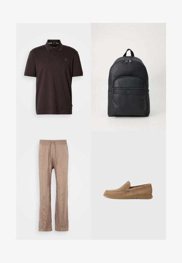 Sötétbarna, rövid ujjú pólóing, két gombbal, kicsi hímzett logóval a mellkason, és hegyes gallérral egy sima háttér előtt.; Világosbarna, bő szárú nadrág sima anyagból, rugalmas derékkal és húzózsinórral, két elülső redővonallal.; Barna velúr slip-on loaferek sima felülettel és varrott részletezéssel; gumitalppal a tapadás érdekében.; Fekete bőr hátizsák texturált felülettel. Elülső cipzáras zsebbel, dupla felső cipzárral és egy logóval a frontra. Lekerekített forma.