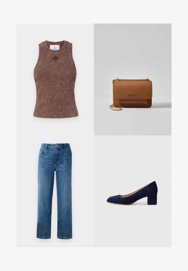 CHIARA FERRAGNI Top - brunette; Jeans azuis de cintura alta com corte reto, feitos de denim, com cinco bolsos e detalhes em metal dourado.; Salgados de camurça azul-marinho com bico fino e um salto quadrado de altura média. Textura suave com um ligeiro brilho e um pequeno corte na parte da frente.; Bolsa crossbody de couro texturizado castanho com alça de corrente dourada e fecho com aba. A parte da frente apresenta detalhe do logótipo e um bolso sob a aba.