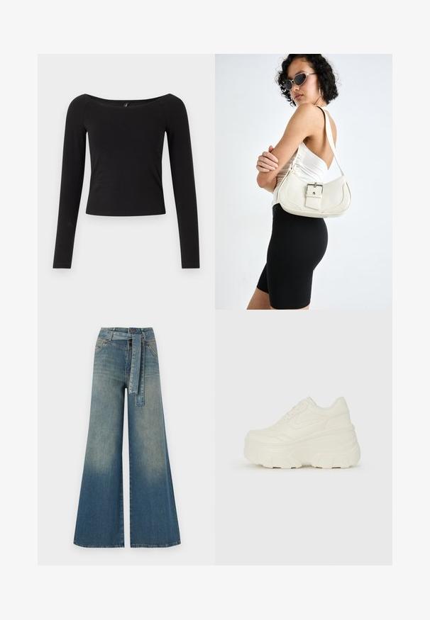 Čierna blúzka s dlhým rukávom a lodičkovým výstrihom, priliehavý strih a mäkký bavlnený materiál, bez viditeľných vzorov alebo kovania.; Džínsy s širokými nohavicami, ktoré majú prechod od svetlomodrej po tmavomodrú, vysoký pás, pútka na opasok a opasok z rovnakého materiálu. Textúrovaný denimový povrch.; Biele platformové tenisky s hladkým koženkovým svrchným materiálom, zaobleným tvarom, polstrovaným golierom a textúrovanou gumovou podrážkou s výrazným vzorom.; Biely kožený kabelka s zakriveným tvarom, nastaviteľným popruhom a malým detailom pracky. Model nosí priliehavý čierny outfit.