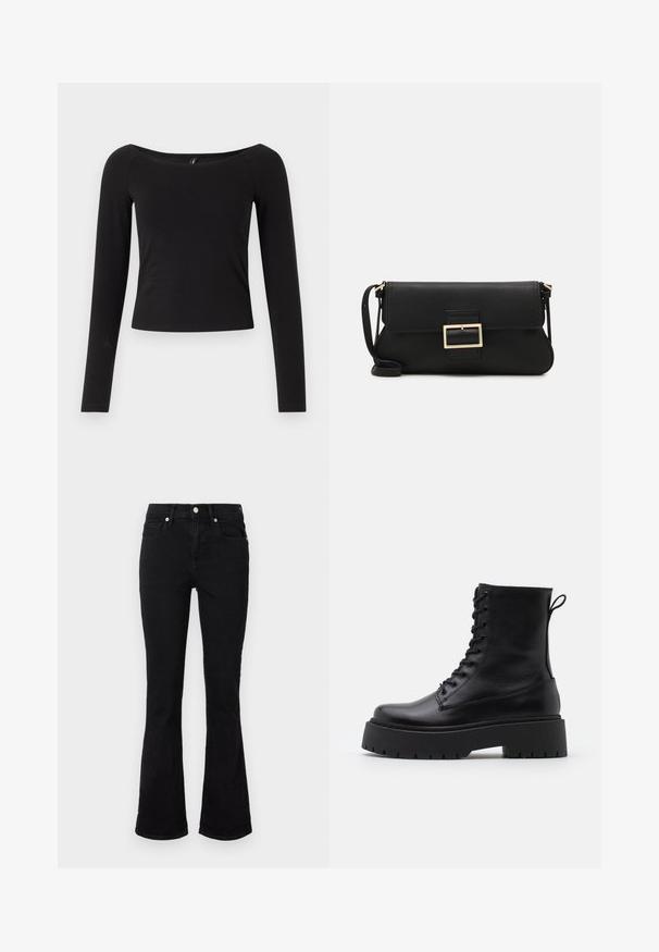 Juodas ilgomis rankovėmis marškinėliai su plačiu iškirpimu, prigludusio dizaino ir minkštos medvilnės medžiagos, be matomų raštų ar metalinių detalių.; Juodos džinsinės kelnės su platėjančiomis kojomis, vidutinio aukščio juosmeniu, priekinėmis kišenėmis ir mygtuko užsegimu. Lygus paviršius su minimaliais siuvimo detalėmis.; Juodos odinės aulinukės su apvalia nosimi, raišteliais priekyje ir storesniu guminio pado apačioje su tekstūruotu raštu. Priekyje yra kilputė.; Juodas odinis dėkliukas su atvarteliu ir auksinės metalinės sagties detalėmis. Įeina juodas diržas ir elegantiškas, minimalistinis dizainas.