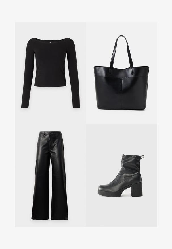 Black long-sleeve top with a boat neckline, fitted design, and soft cotton material, featuring no visible patterns or hardware.; Black high-waist wide-leg faux leather pants with front button, zip closure, belt loops, and side pockets on white background.; Black ankle boots made of smooth leather, featuring a side zipper, chunky textured heel, and rounded toe design.; Black leather tote bag with two long handles, a smooth texture, and a structured shape. Features a front pocket for additional storage.